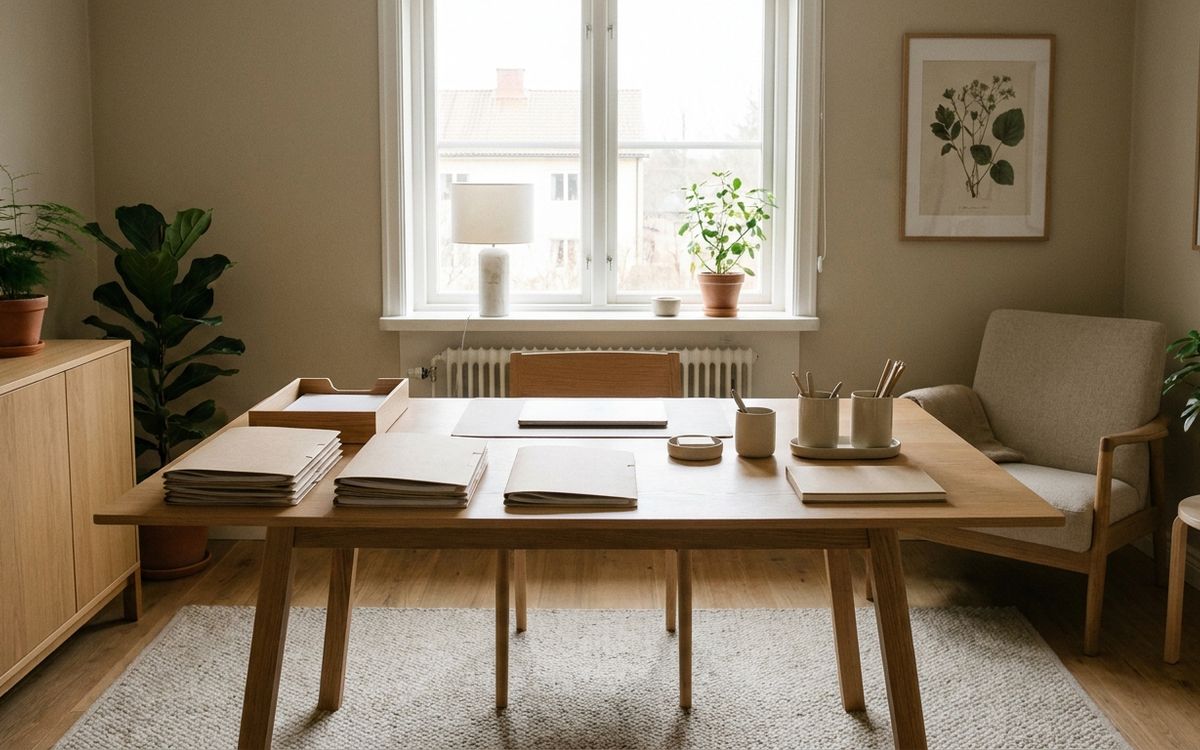 Aufgeräumter Schreibtisch mit Ordnern, Papier und Büroartikeln, ideal für Büro und Bildung.