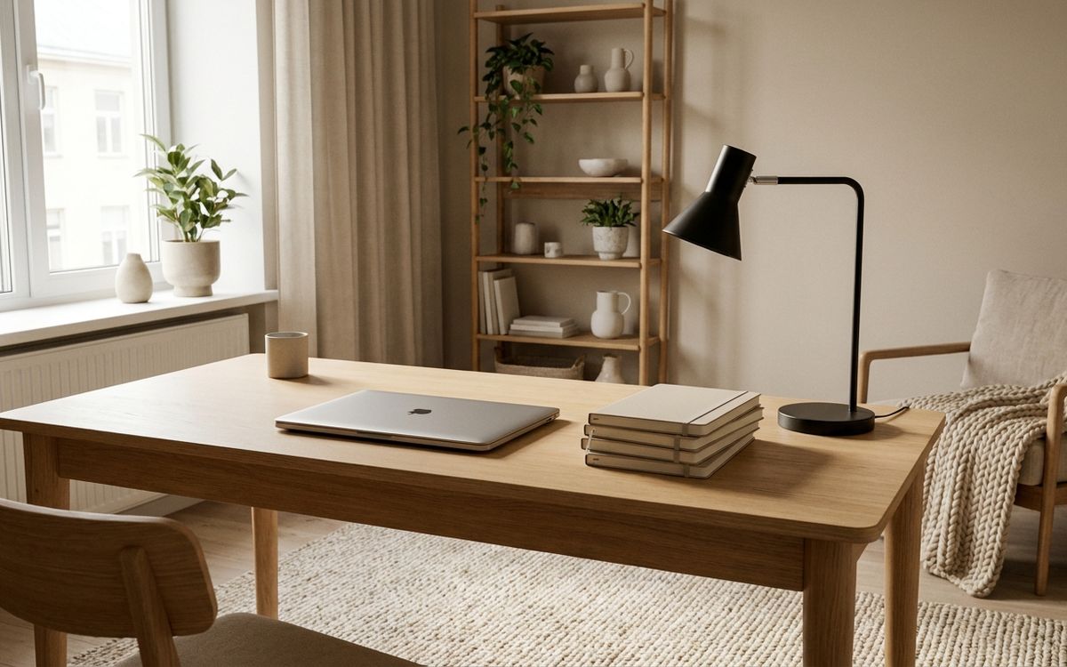 Aufgeräumter heller Schreibtisch mit Notizbüchern und wenigen Arbeitsmaterialien